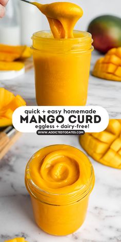 mango curd in a glass jar with a spoon and sliced mangos on the side