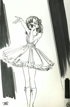 a black and white drawing of a woman in a dress with her hand up to the side