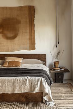 a bed sitting in a bedroom next to a wall hanging above it's headboard