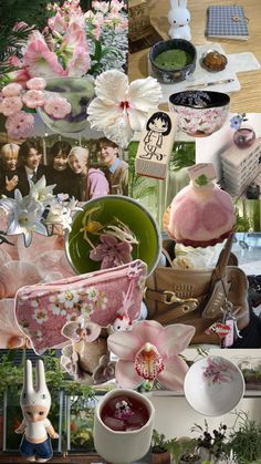 a collage of photos with flowers, pictures and other things on it's surface