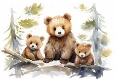 three brown bears sitting on top of a tree branch in the woods with pine trees behind them