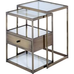 a glass and metal end table with drawers on each side, against a white background