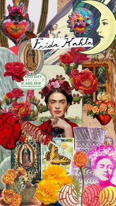 a collage with many different pictures and flowers on it's side, including an image of frida thia