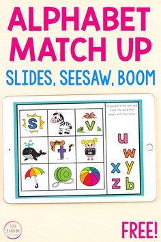 the beginning sounds alphabet match up game is shown on an ipad with text overlay