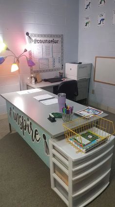 a desk with a basket on it in an office