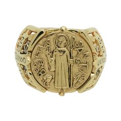 "Solid 14k Gold Handmade Christian Roman Catholic Saint Benedict style men's ring. Christians used St. Benedict symbol (medal) due to the belief in its power against evil \"devil-chasing medal\" Original unique design with beautiful details and amazing art work Rare piece, top quality, best craftsmanship, handmade Excellent new condition, very heavy, stamped 14K, 585 Intricately detailed lines and antique, rustic finish all around 18-19 grams pure 14K gold Top dimensions 20 mm. Top of ring featu Symbolic 14k Stamped Signet Ring Collectible, Symbolic Signet Ring For Commemoration, Symbolic Yellow Gold Signet Ring For Commemoration, Gold Symbolic Signet Ring For Commemoration, Gold Mens Ring, Yellow Gold Mens Rings, Catholic Saint, St Benedict, Saint Benedict