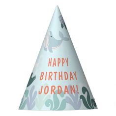 a blue birthday hat with an elephant design on it's side and the words happy birthday jordan