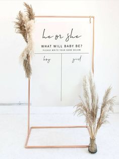 a baby shower sign with dry grass in front of it and the words, be or she what will baby be?