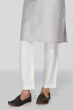 Grey kurta with thread embroidered patterns on placket. Comes with pant. - Aza Fashions Cotton Chikankari Embroidery Straight Kurta Bottoms, Eid Cotton Bottoms With Embroidered Border, White Cotton Pants For Eid, Eid Straight Pants With Embroidered Border, Straight Pants With Embroidered Border For Eid, Eid Embroidered Border Straight Pants, Traditional Cotton Straight Kurta Bottoms, Traditional Straight Kurta In Cotton, Traditional Workwear Sets With Straight Pants