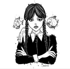 a drawing of a girl with long braids and fish on her head, in black and white