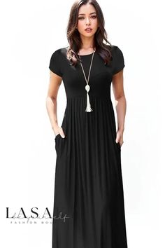 Lasaky - Elegant Short Sleeve Maxi Dress in Solid Color with Convenient Pockets Black Non-stretch Solid Midi Dress, Black Non-stretch Short Sleeve Dress, Black Solid Midi Dress With Short Sleeves, Casual Fitted Black Maxi Dress, Fitted Black Casual Maxi Dress, Casual Black Plain Maxi Dress, Black Midi Dress With Short Sleeves, Black Plain Midi Length Dress, Black Short Sleeve Midi Dress