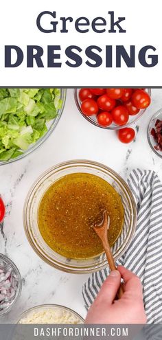 the ingredients for greek dressing in bowls on a marble counter top with text overlay