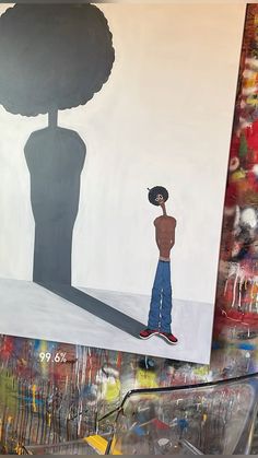 a painting with a boy standing in front of a tree and the shadow of a person