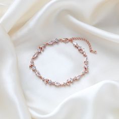 Delicate Rose gold cubic zirconia tennis bracelet - RACHEL– Treasures by Agnes Rose Gold Bracelet For Women, Simple Floral Design, Bracelets Simple, Gold Tennis Bracelet, Backdrops Necklace, Rose Gold Crystal, Rose Gold Bridal, Wide Bracelet, Gold Bracelet For Women