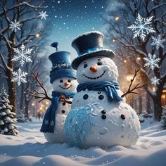 two snowmen standing next to each other in the snow with trees and lights behind them