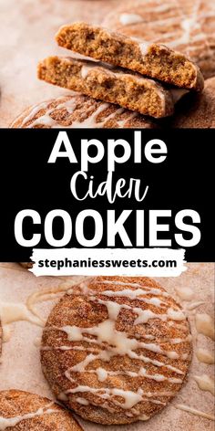 apple cider cookies with cinnamon glaze on top and the words, apples cider cookies