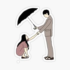 a woman kneeling down next to a man holding an umbrella over her head sticker