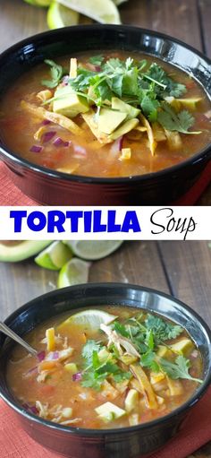 tortilla soup with avocado and cilantro in a black bowl