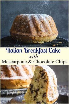 italian breakfast cake with mascarpone and chocolate chips on a cooling rack next to it