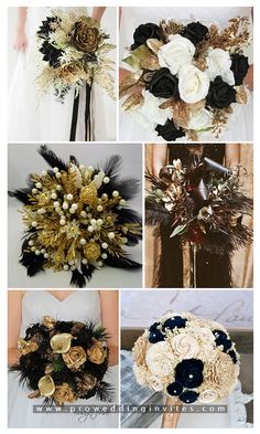 wedding bouquets made from flowers and feathers are shown in this collage with different colors