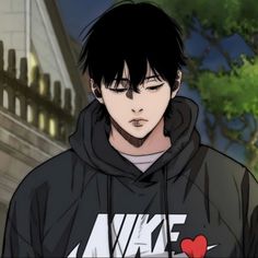 an anime character with black hair wearing a hoodie