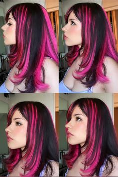 Pink Hair With Black, Emo Hair Color, Dark Pink Hair, Streaked Hair, Blue And Pink Hair, Bright Pink Hair