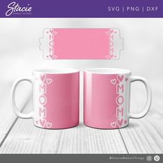 two coffee mugs with the word mom printed on them, both in pink and white