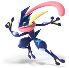 a blue and pink cartoon character is in the air with his arms out to catch something