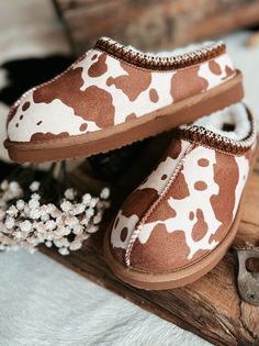 Very G Tan Cow Sparks Fuzzy Slippers | gussieduponline Farmhouse Fashion, Trendy Slippers, Cozy Shoes, Western Shoes, Faux Fur Slippers, Fuzzy Slippers, Chic Farmhouse, Platform Slippers, Wedge Heel Sandals