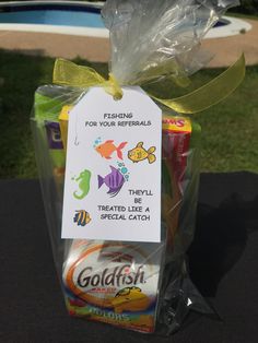 a bag with some candy in it sitting on a table