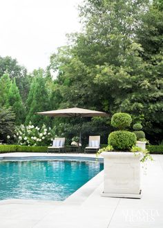 an outdoor pool surrounded by trees and bushes with two lawn chairs next to the pool