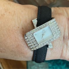 Treasure Holiday Gift Suzanne Somers Original Boxed Encrusted Crystal Art Deco Black Ribbon Silverware Watch Will Need New Battery Delicate And Feminine, It’s Beautiful On And The Perfect Jewelry Accessory To Wear To Any Holiday Party New In The Box Elegant Silver Watch For Party, Elegant Silver Watches For Party, Silver Party Watches, Elegant Silver Party Watches, Red Velvet Band, Butterfly Watch, Suzanne Somers, Silver Watches Women, Flower Watch