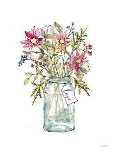 a watercolor painting of flowers in a mason jar with a tag on the bottom