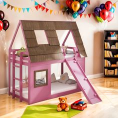 a child's bedroom with a pink bunk bed and teddy bear on the floor