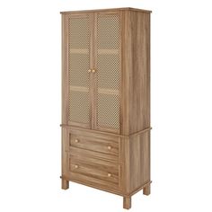 a wooden cabinet with two doors and drawers