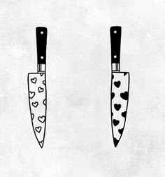 two knives with hearts on them are shown in black and white, one is holding a knife