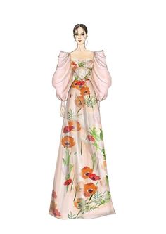 a drawing of a woman in a long dress with flowers on the front and shoulders