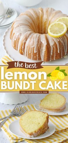 lemon bundt cake on a plate with lemons in the background and text overlay that reads, lemon bundt cake taste of home