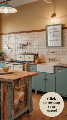 an old fashioned kitchen with blue cabinets and white tile on the walls, is featured in this ad