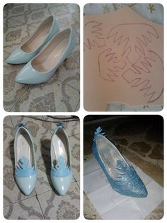 there are four pictures of different shoes with writing on the bottom one is blue and the other is white