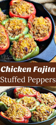 chicken fajita stuffed peppers in a cast iron skillet