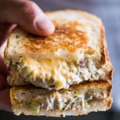 a close up of a sandwich with cheese on it and the words gooey, cheesy tuna melt