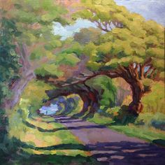 an oil painting of trees on a road