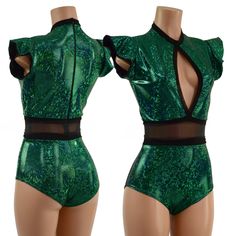 This elegant romper is made of our Green Kaleidoscope holographic spandex, with a keyhole neckline, flip sleeves, and a siren cut leg. It also features a mesh waist panel, black mesh trim,  and a zipper in back.   This item is made to order. Ships out within 5 days of purchase.   Womens Sizing (See below for instructions on where measurements should be taken) XXS: Bust 29"-30" / Waist 22"-23" / Hips 30"-32" Extra Small: Bust 31"-32" / Waist 24"-25" / Hips 33"-35" Small: Bust 33"-34" / Waist 26"- Party Stretch Jumpsuits And Rompers With Short Sleeve, Party Stretch Short Sleeve Jumpsuits And Rompers, Short Sleeve Stretch Jumpsuits And Rompers For Party, Stretch Short Sleeve Jumpsuits And Rompers For Party, Green Stretch Bodysuit For Party, Green Rave Bodysuit For Party, Green Stretch Rave Bodysuit, Fitted Green Bodysuit For Rave, Green Club Bodysuit