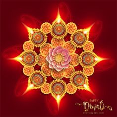 an abstract floral design on a red background with the words happy diwali written in gold