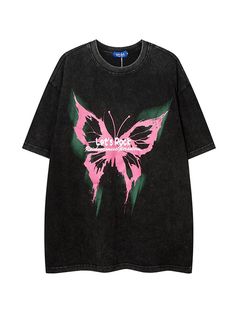 Washed Butterfly Print T-shirt High Street Fashion, Oversized Graphic Tee, Print Tee, High Fashion Street Style, Butterfly Print, Printed Tees, Black Fabric, Printed Shorts, Black Tee