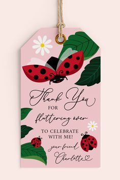 a pink thank card with ladybugs and daisies on the front, says thank you for allergying over to celebrate with me