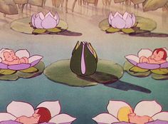 there are many water lilies floating in the pond with babies sleeping on them,