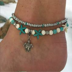 Boho Silvertone Woman/Girl Beach Anklet Tebitan Turtle Approximate 18.5 Cm 35 Cm 5 Cm Alloy/ Pearl/Turquoise/Crystal Ocean-inspired Beaded Anklets For Summer, Blue Beaded Ocean-inspired Anklet, Turquoise Beach Anklets With Starfish Charm, Bohemian Shell-shaped Beaded Bracelets For Beach, Adjustable Ocean-inspired Turquoise Beaded Bracelets, Girl Beach, Beach Anklets, Turquoise Crystal, Women Girl