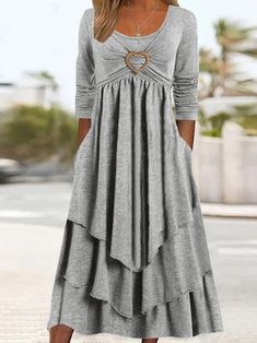 Cheap Gray Dresses For Fall, Cheap Gray Stretch Dresses, Loose Long Sleeve Dress, Plus Size Elegant Dresses, Layered Ruffle Dress, Robes Glamour, Long Sleeve Layer, Casual Chique, Plain Dress